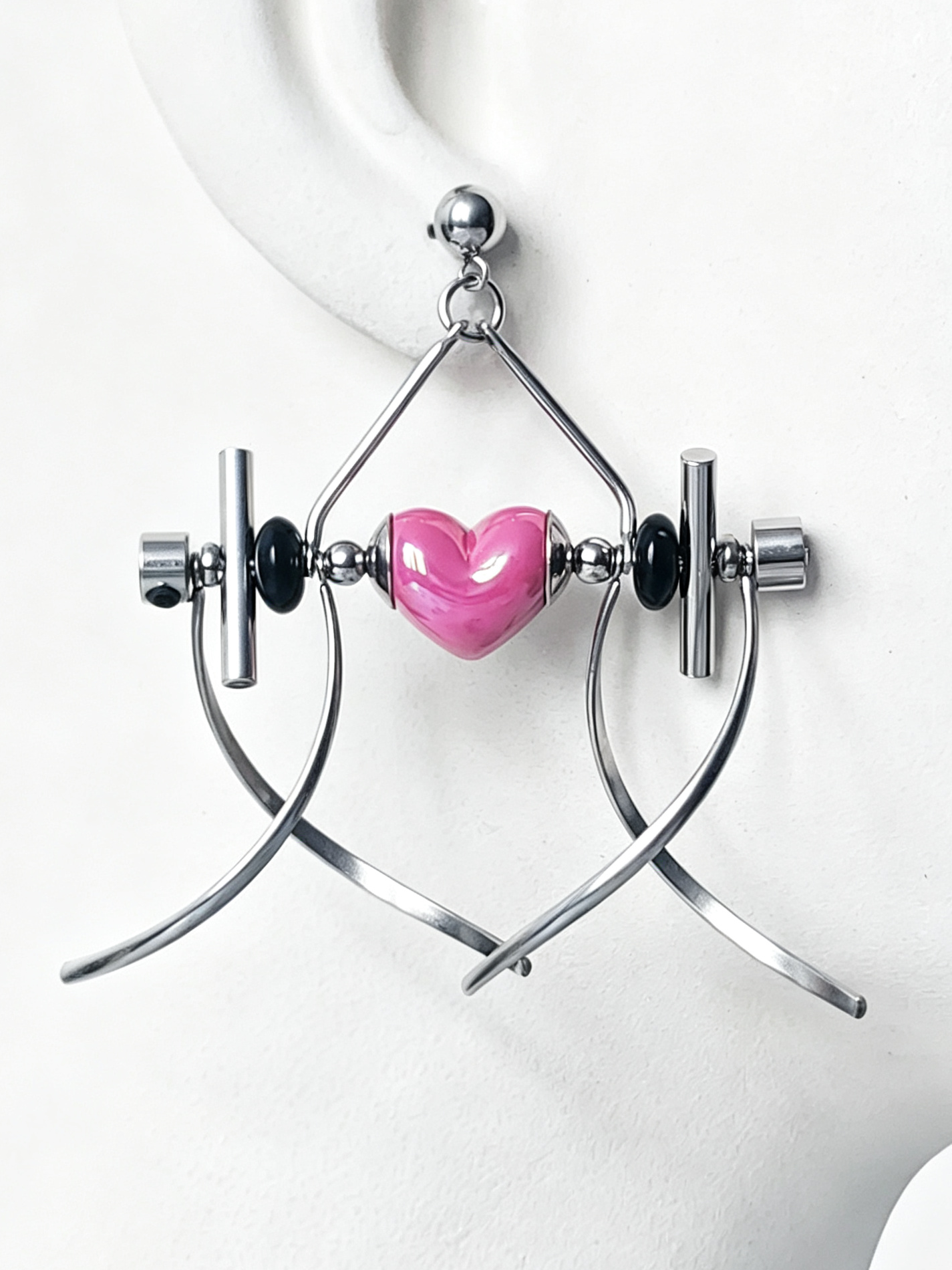 Punk Handmade Stainless Steel Earring, Hot Pink Heart UV Bead Gothic Dangle Drop Earring Jewelry