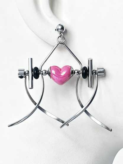 Punk Handmade Stainless Steel Earring, Hot Pink Heart UV Bead Gothic Dangle Drop Earring Jewelry