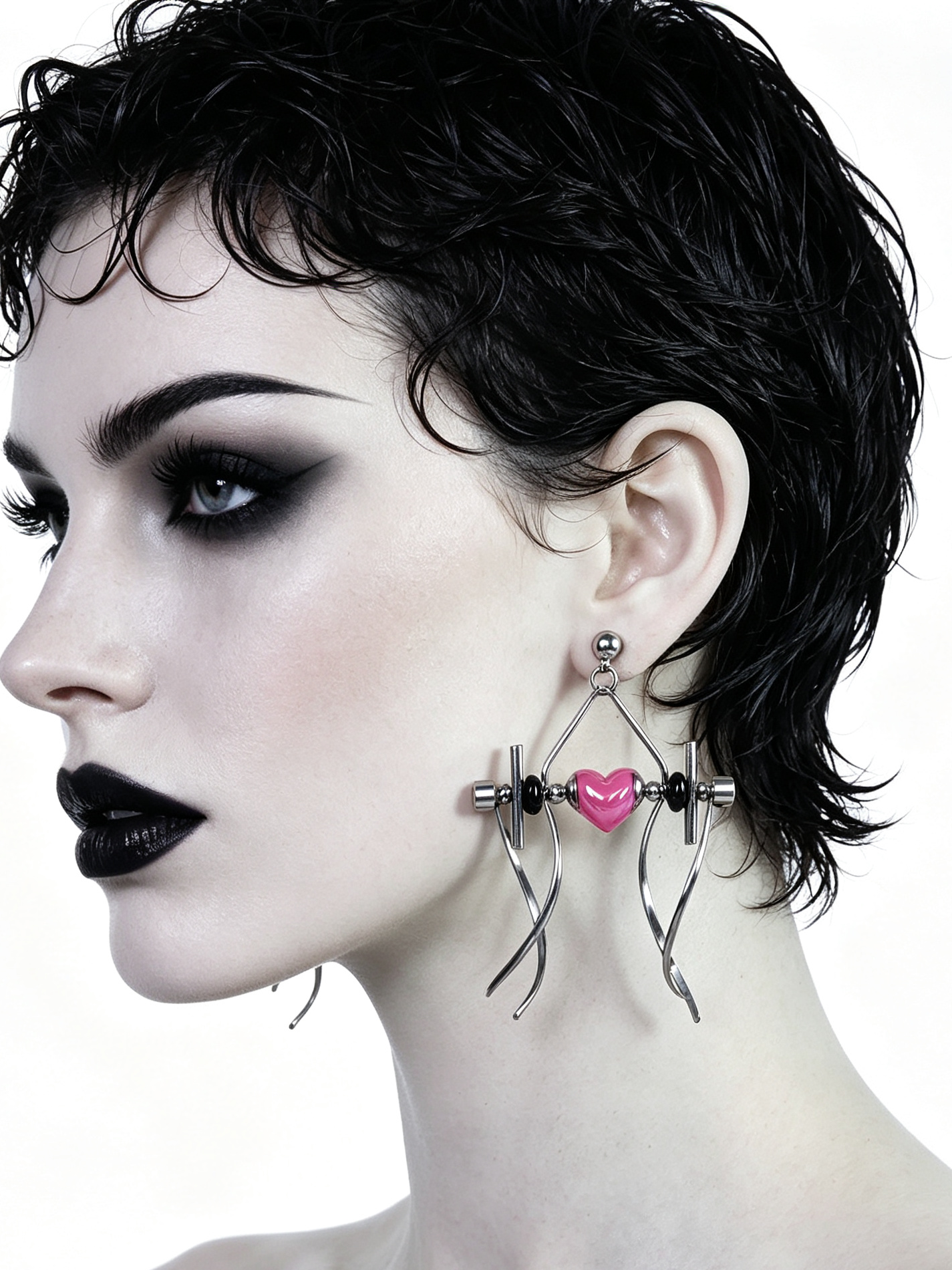 Punk Handmade Stainless Steel Earring, Hot Pink Heart UV Bead Gothic Dangle Drop Earring Jewelry
