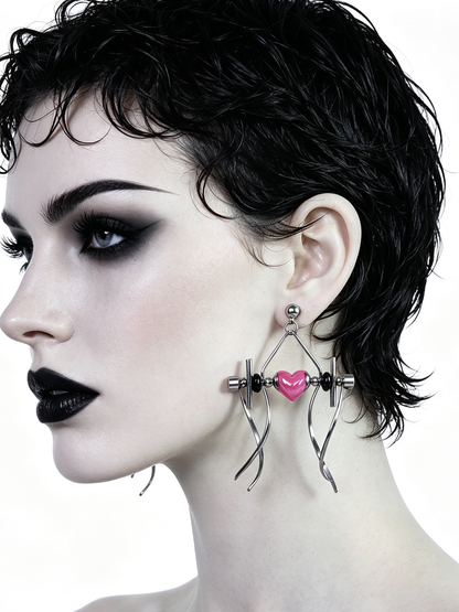Punk Handmade Stainless Steel Earring, Hot Pink Heart UV Bead Gothic Dangle Drop Earring Jewelry