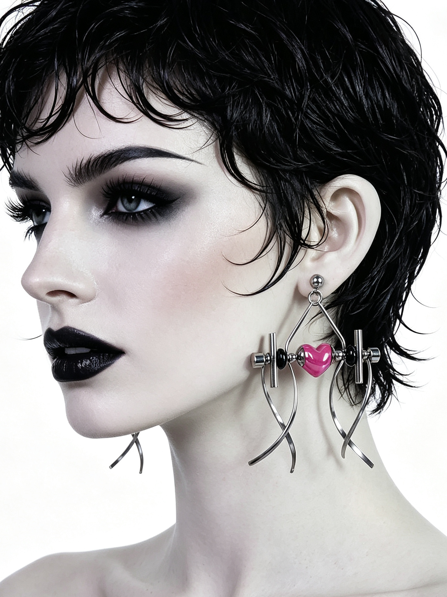 Punk Handmade Stainless Steel Earring, Hot Pink Heart UV Bead Gothic Dangle Drop Earring Jewelry
