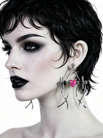 Punk Handmade Stainless Steel Earring, Hot Pink Heart UV Bead Gothic Dangle Drop Earring Jewelry