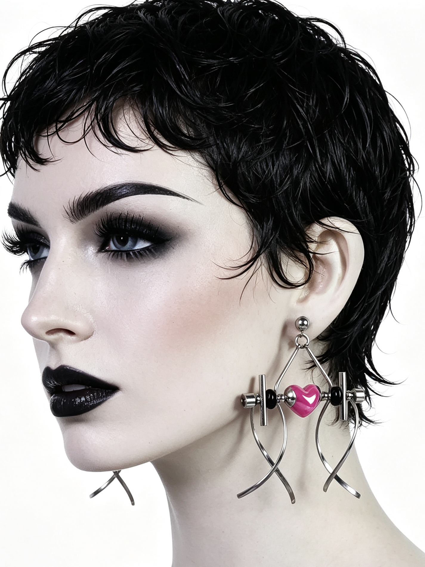 Punk Handmade Stainless Steel Earring, Hot Pink Heart UV Bead Gothic Dangle Drop Earring Jewelry