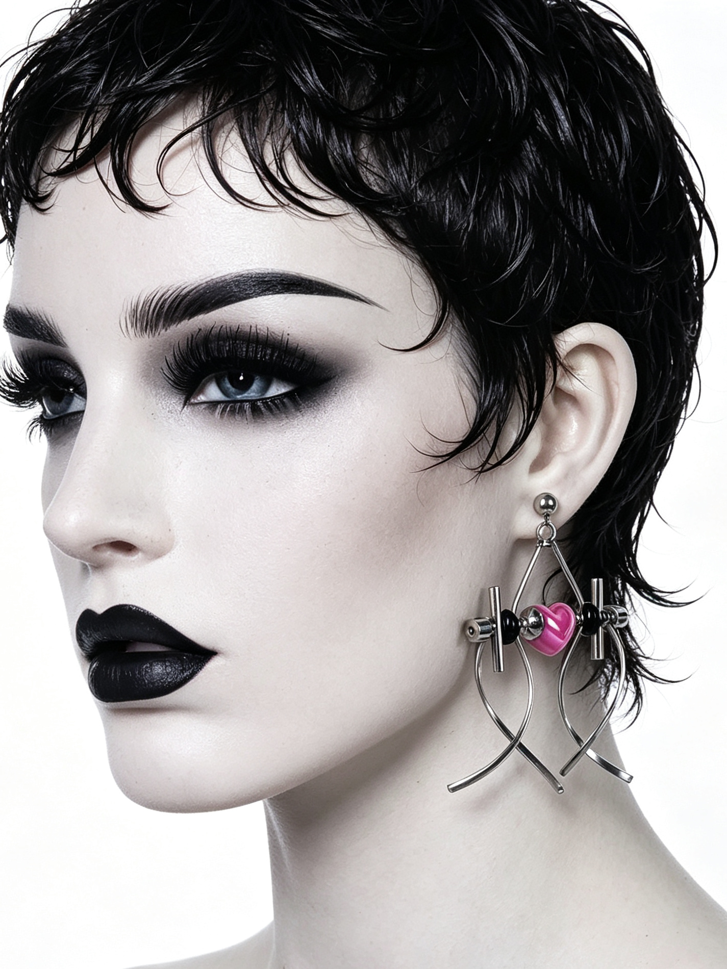 Punk Handmade Stainless Steel Earring, Hot Pink Heart UV Bead Gothic Dangle Drop Earring Jewelry