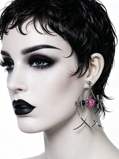 Punk Handmade Stainless Steel Earring, Hot Pink Heart UV Bead Gothic Dangle Drop Earring Jewelry