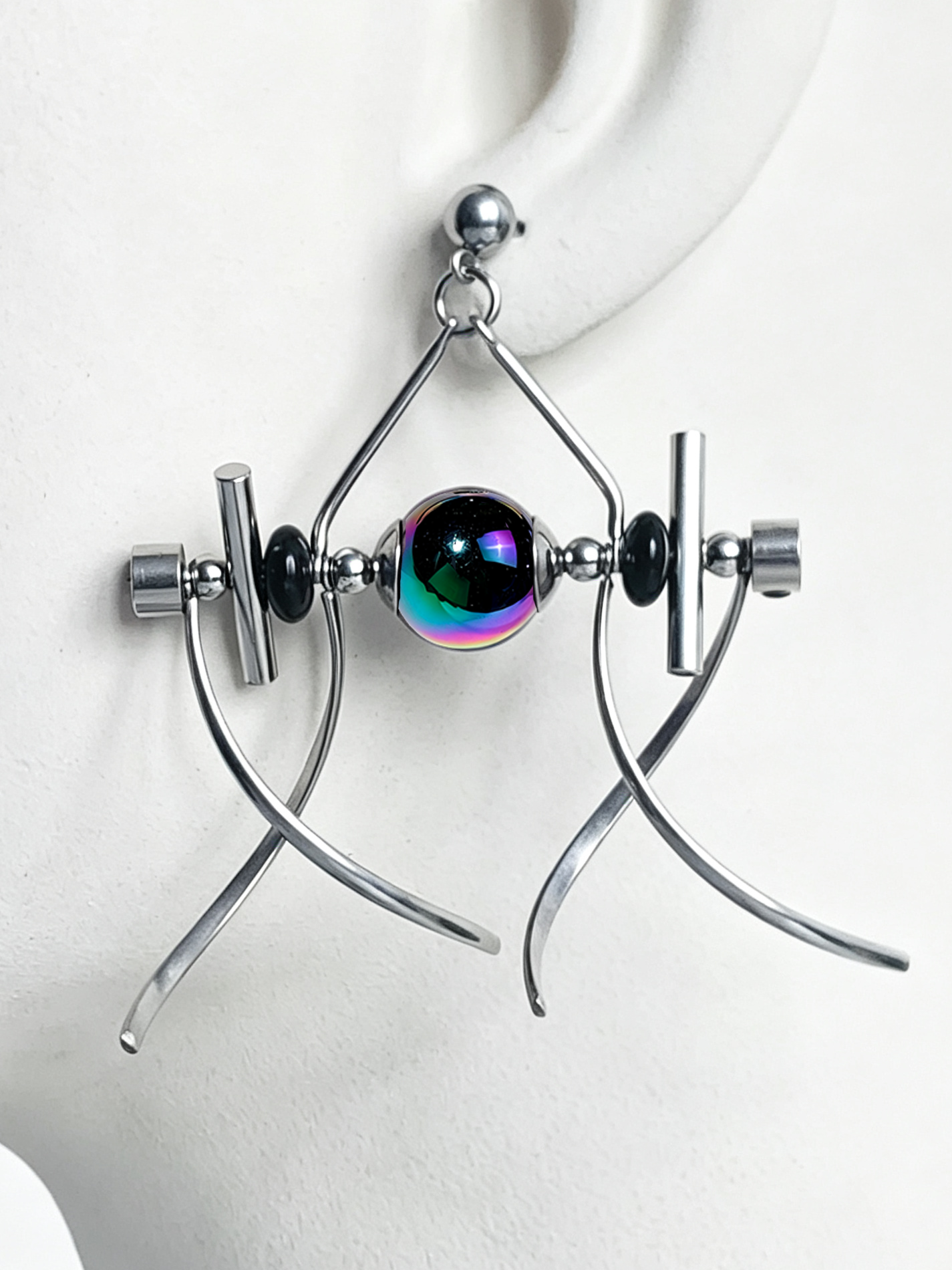 Handmade Stainless Steel Dangle Earring, Rainbow‑Holographic Black Round UV‑Bead Punk Gothic Drop Earring Jewelry for man