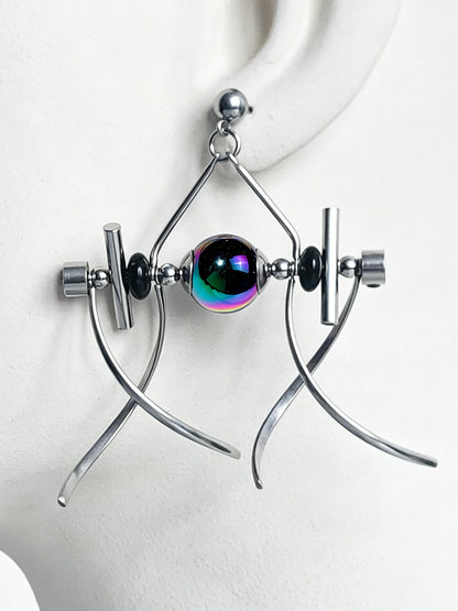 Handmade Stainless Steel Dangle Earring, Rainbow‑Holographic Black Round UV‑Bead Punk Gothic Drop Earring Jewelry for man