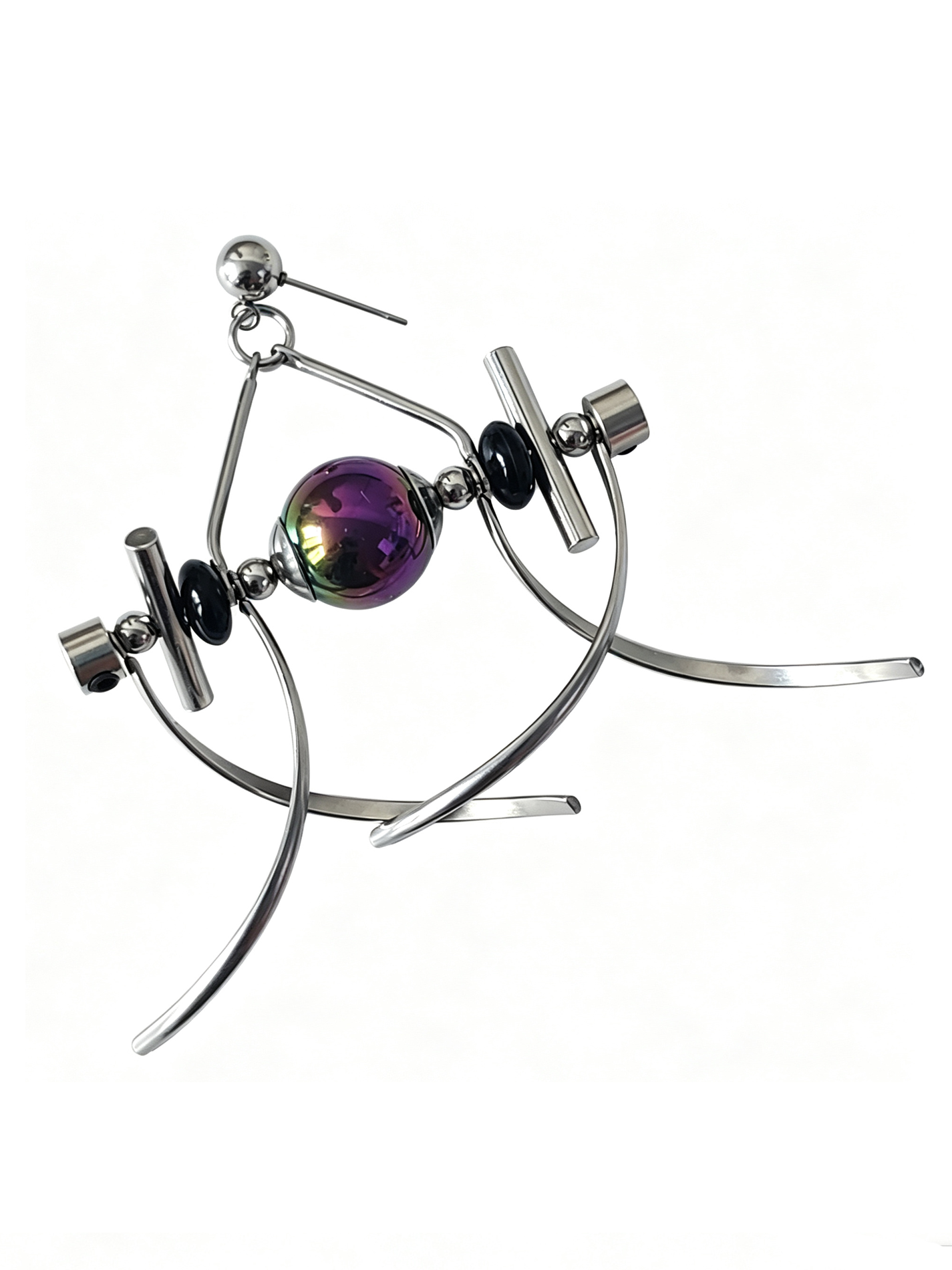 Handmade Stainless Steel Dangle Earring, Rainbow‑Holographic Black Round UV‑Bead Punk Gothic Drop Earring Jewelry for man