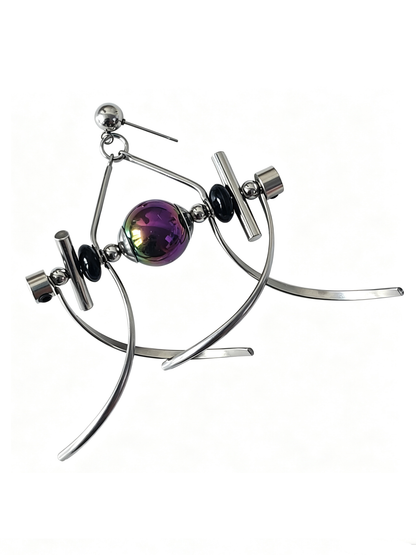 Handmade Stainless Steel Dangle Earring, Rainbow‑Holographic Black Round UV‑Bead Punk Gothic Drop Earring Jewelry for man