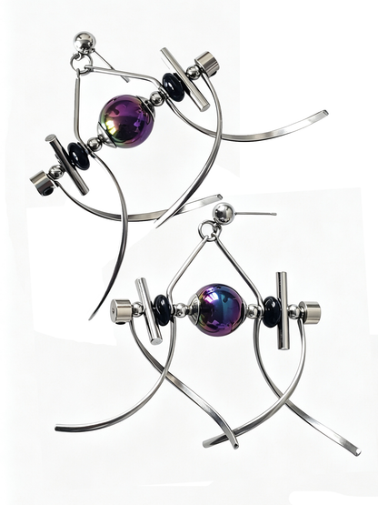 Handmade Stainless Steel Dangle Earring, Rainbow‑Holographic Black Round UV‑Bead Punk Gothic Drop Earring Jewelry for man