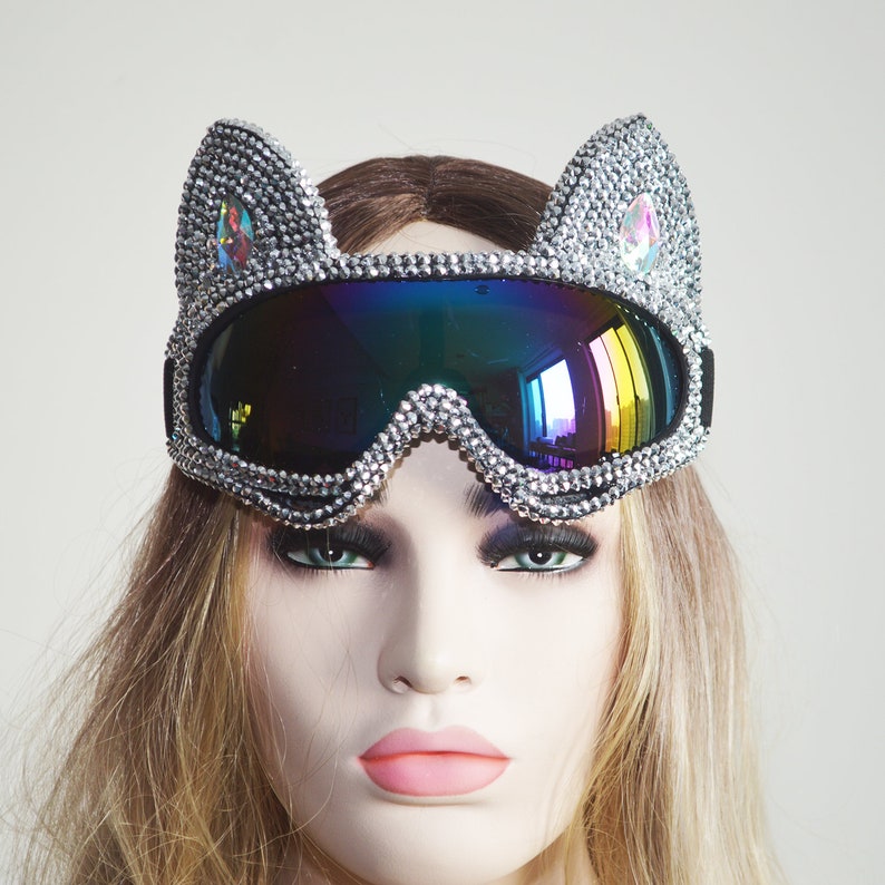 Holographic Rhinestone Silver Cat Burning Man Goggle Festival Rave Mask Costume Headpiece Cyber Goggles