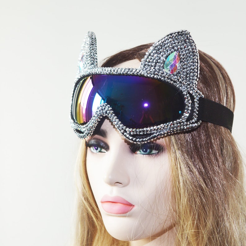 Holographic Rhinestone Silver Cat Burning Man Goggle Festival Rave Mask Costume Headpiece Cyber Goggles