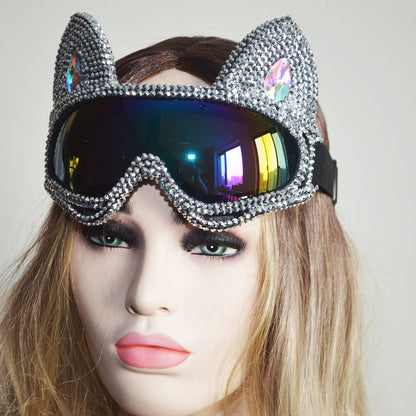 Holographic Rhinestone Silver Cat Burning Man Goggle Festival Rave Mask Costume Headpiece Cyber Goggles