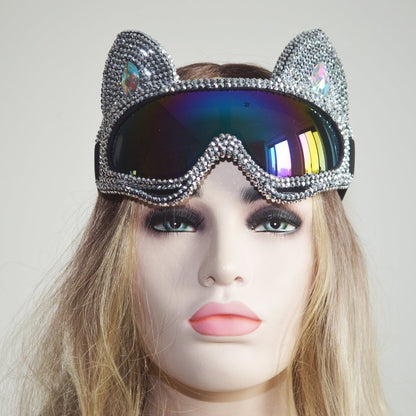 Holographic Rhinestone Silver Cat Burning Man Goggle Festival Rave Mask Costume Headpiece Cyber Goggles