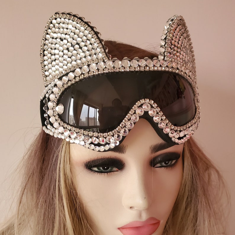 Holographique strass Rave chat Burning Man lunettes Festival masque Costume casque Cyber ​​lunettes scène Dj EDM EDC Costumes coiffure 