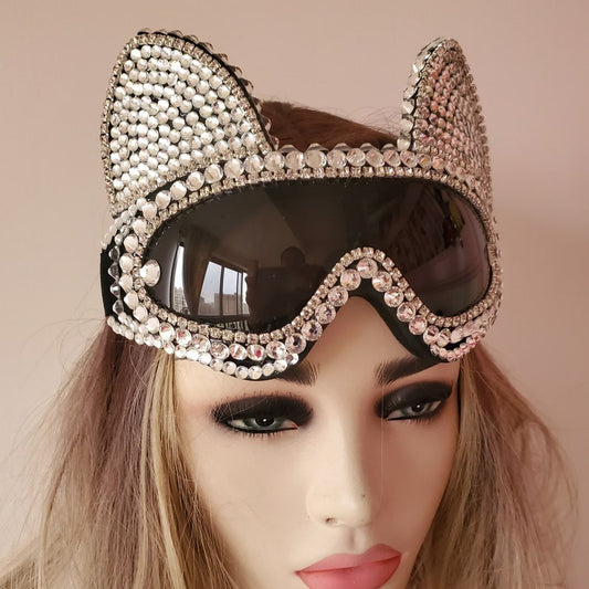 Holographic Rhinestone Rave Cat Burning Man Festival Mask Costume Headpiece Cyber Goggles Headdress