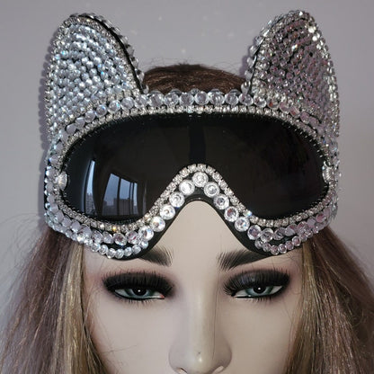 Holographique strass Rave chat Burning Man lunettes Festival masque Costume casque Cyber ​​lunettes scène Dj EDM EDC Costumes coiffure 