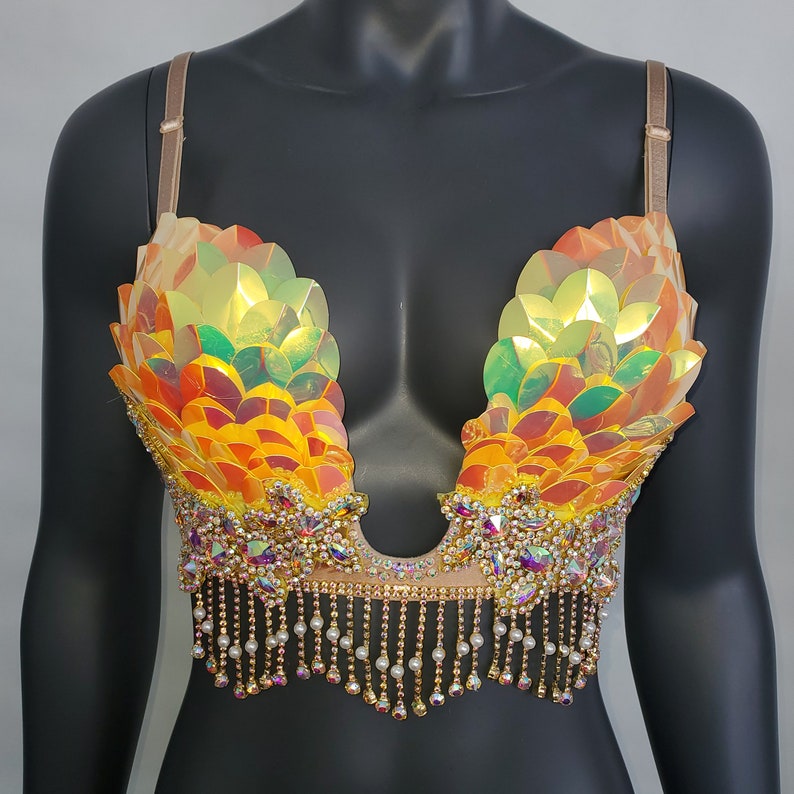 Burning Man Iridescent Reflective Gold Rave Bra, Holographic Festival Bra, Mermaid Bra, Rave Outfit ,Holographic Rhinestone Fringe Samba Bra