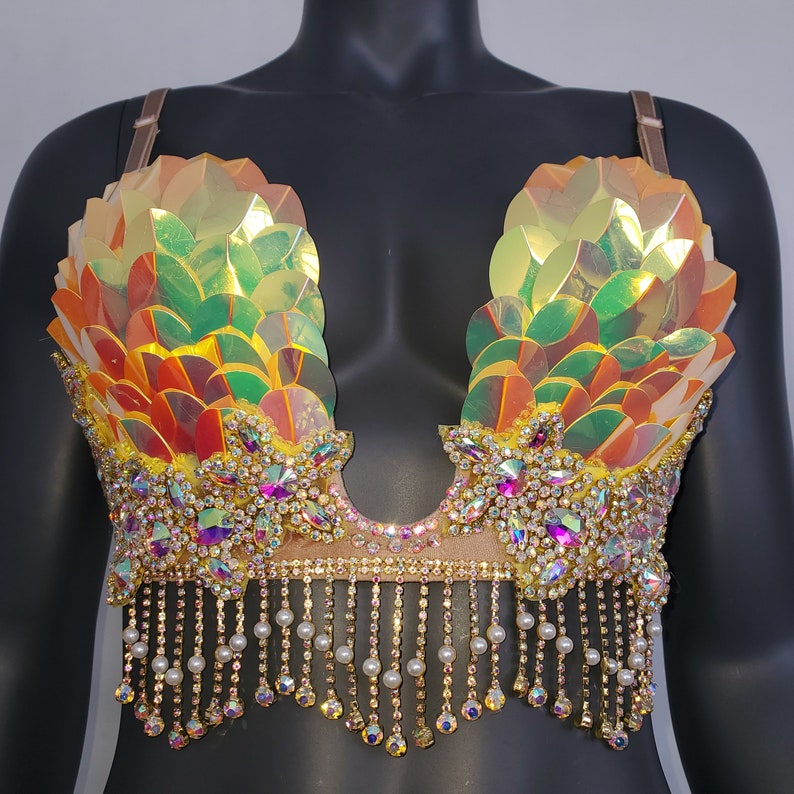 Burning Man Iridescent Reflective Gold Rave Bra, Holographic Festival Bra, Mermaid Bra, Rave Outfit ,Holographic Rhinestone Fringe Samba Bra