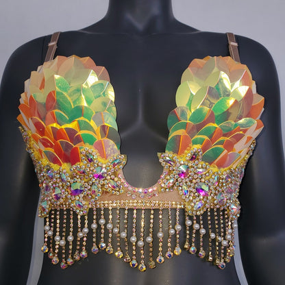 Burning Man Iridescent Reflective Gold Rave Bra, Holographic Festival Bra, Mermaid Bra, Rave Outfit ,Holographic Rhinestone Fringe Samba Bra