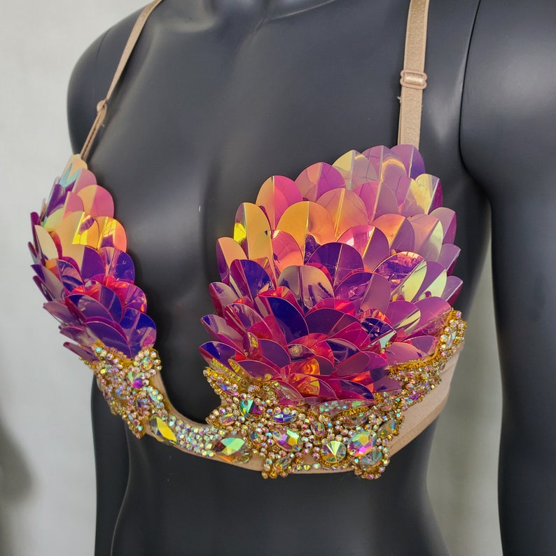 Burning Man Iridescent Reflective Pink Rave Bra, Holographic Festival Bra, Mermaid Bra, Rave Outfit ,Holographic Rhinestone Fringe Samba Bra