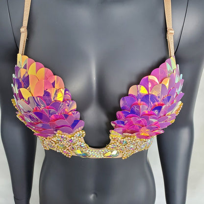 Burning Man Iridescent Reflective Pink Rave Bra, Holographic Festival Bra, Mermaid Bra, Rave Outfit ,Holographic Rhinestone Fringe Samba Bra