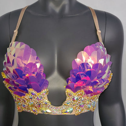 Burning Man Iridescent Reflective Pink Rave Bra, Holographic Festival Bra, Mermaid Bra, Rave Outfit ,Holographic Rhinestone Fringe Samba Bra