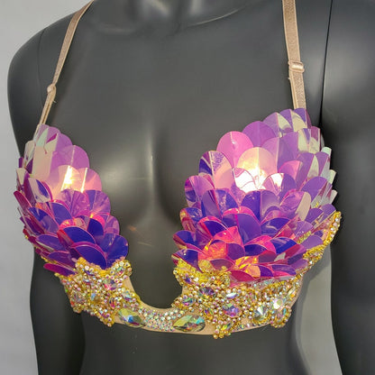 Burning Man Iridescent Reflective Pink Rave Bra, Holographic Festival Bra, Mermaid Bra, Rave Outfit ,Holographic Rhinestone Fringe Samba Bra