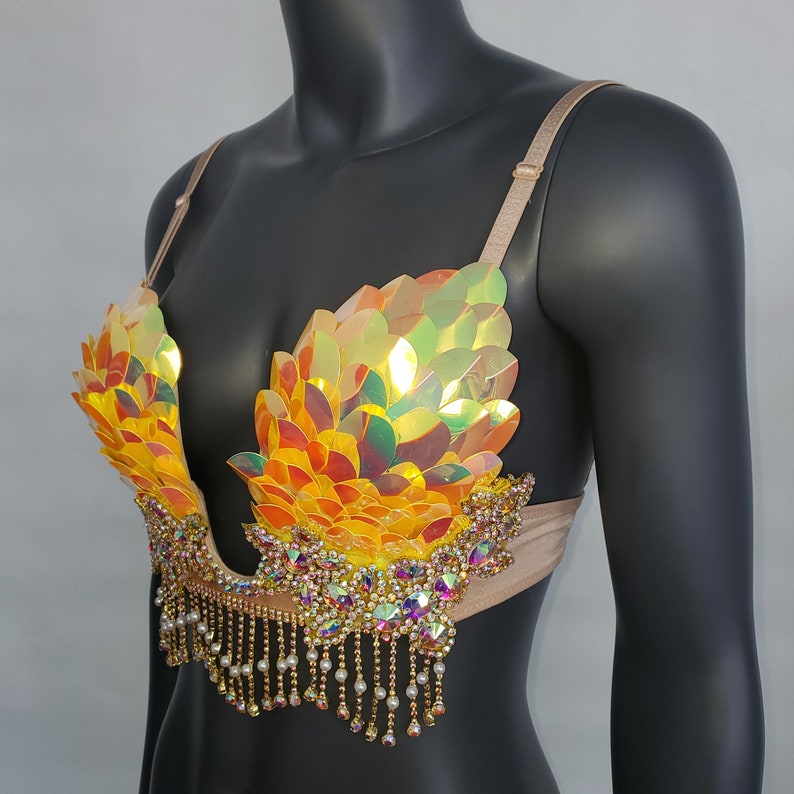 Burning Man Iridescent Reflective Gold Rave Bra, Holographic Festival Bra, Mermaid Bra, Rave Outfit ,Holographic Rhinestone Fringe Samba Bra