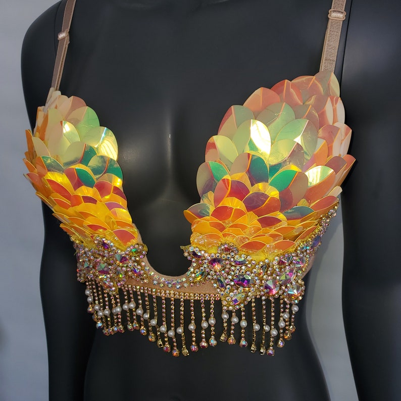 Burning Man Iridescent Reflective Gold Rave Bra, Holographic Festival Bra, Mermaid Bra, Rave Outfit ,Holographic Rhinestone Fringe Samba Bra