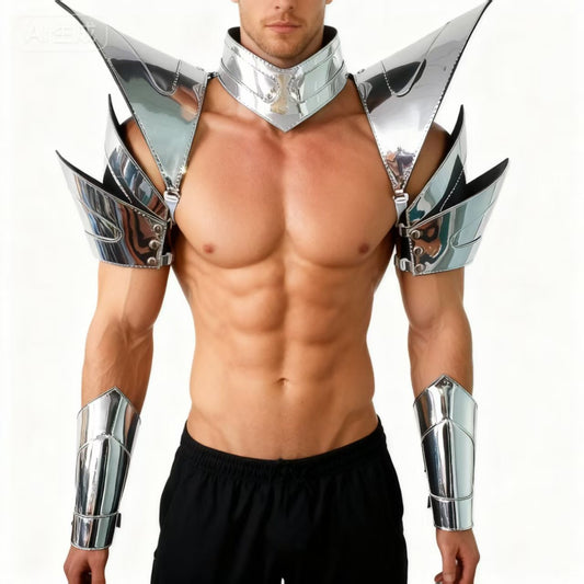 Burning Man holografische silberne Rüstung, Rave-Schulterstück, Festival-Choker-Umhang, Schulterpolster, Karneval, Festival, Kostüme, Kleidung, Outfits