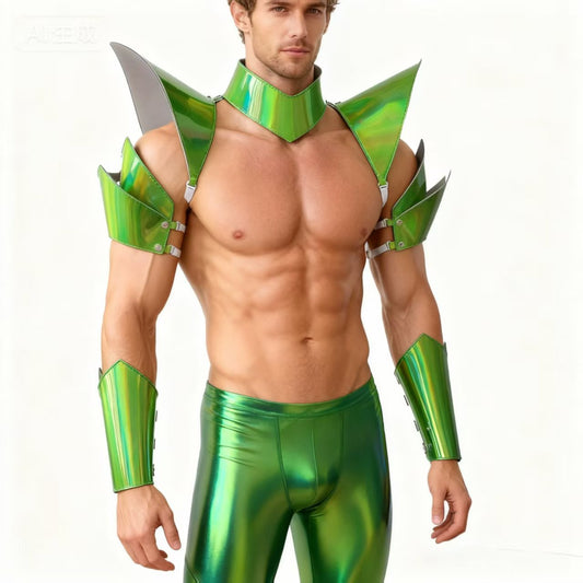 Burning Man Holographic Grüne Rüstung,Rave Grünes Schulterstück,Festival Grünes Choker Cape,Grüne Schulterpolster Karneval Festival Kostüme