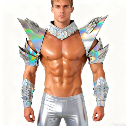 Burning Man Holographic Laser Silver Dragon Scale Armor,Rave Carnival Festival Costumes Armor Outfits