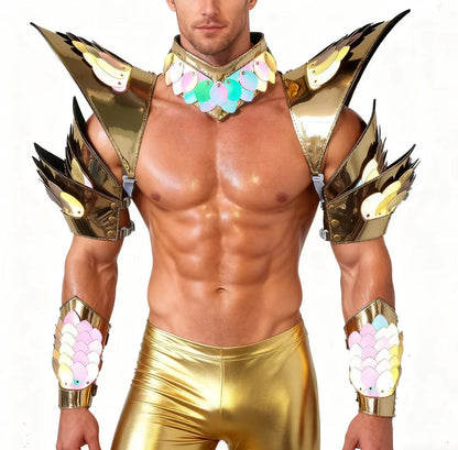 Burning Man Holographic Gold Edge Reflective Dragon Scale Armor,Rave Carnival Festival Costumes Armor Outfits