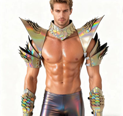 Burning Man Holographic Laser Gold Dragon Scale Armor,Rave Carnival Festival Costumes Armor Outfits