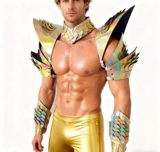 Burning Man Holographic Laser Gold Dragon Scale Armor,Rave Carnival Festival Costumes Armor Outfits
