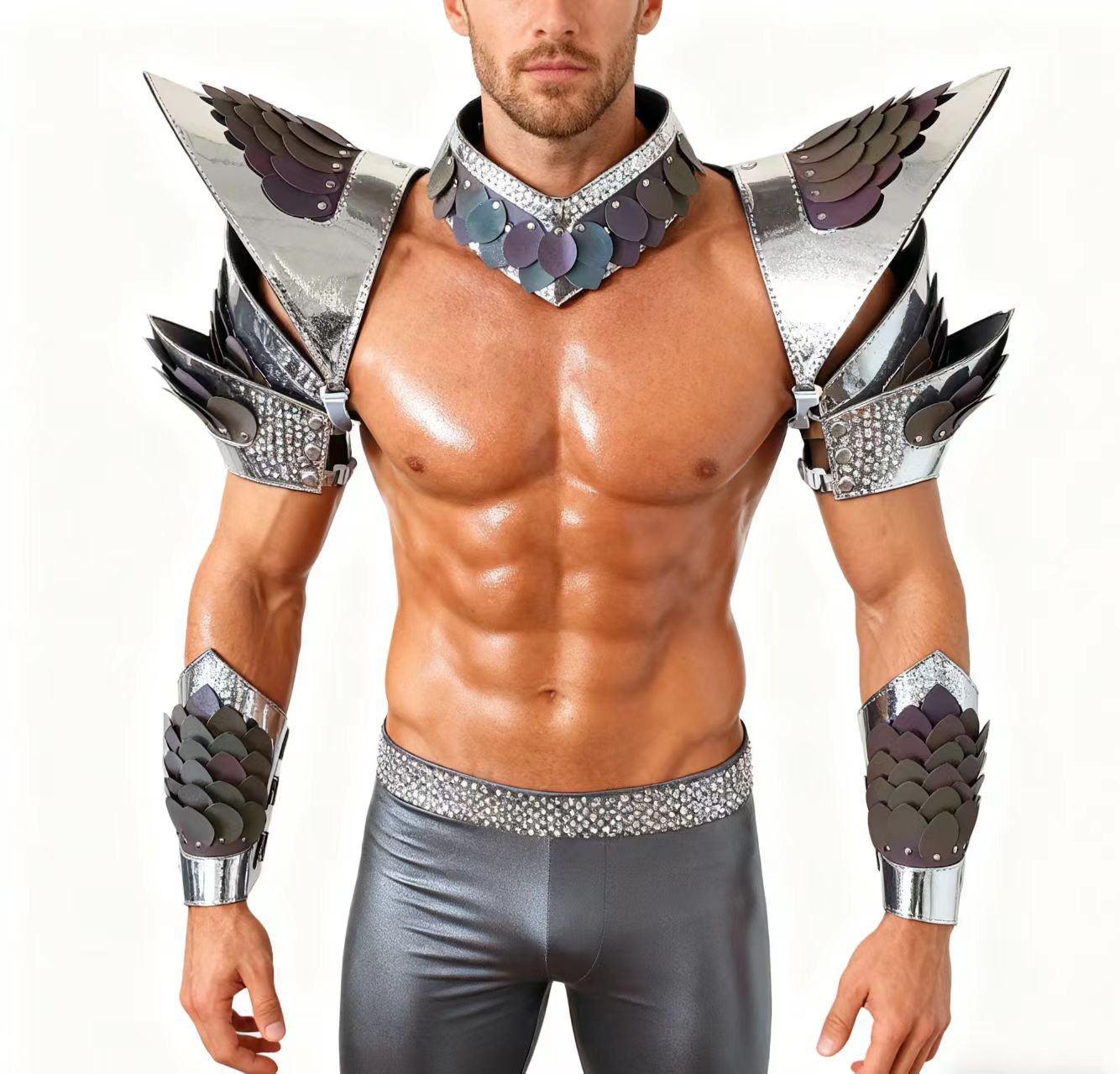 Burning Man Holographic Silver Edge Reflective Dragon Scale Armor,Rave Carnival Festival Costumes Armor Outfits