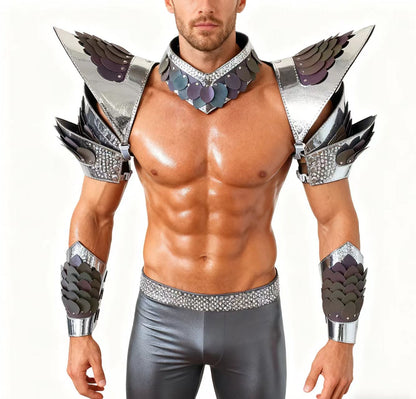 Burning Man Holographic Silver Edge Reflective Dragon Scale Armor,Rave Carnival Festival Costumes Armor Outfits