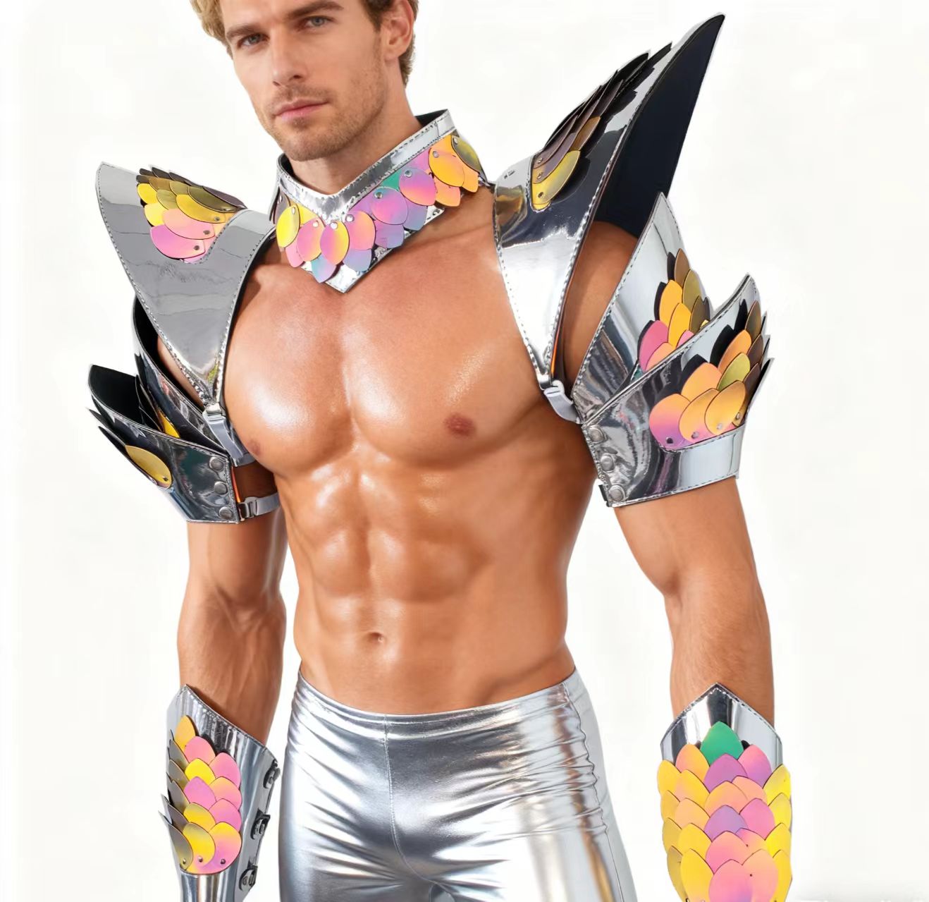 Burning Man Holographic Silver Edge Reflective Dragon Scale Armor,Rave Carnival Festival Costumes Armor Outfits