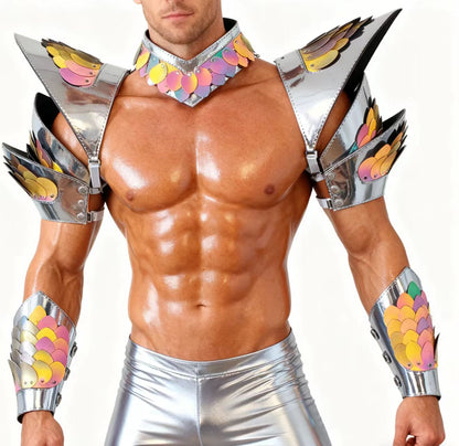Burning Man Holographic Silver Edge Reflective Dragon Scale Armor,Rave Carnival Festival Costumes Armor Outfits