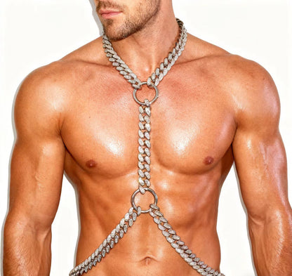 Chaîne de strass argentée de corps d’homme, harnais de chaîne de corps d’hommes, chaîne de poitrine, tenues de festival, tenues d’homme brûlant, costumes de carnaval, tenue de rave