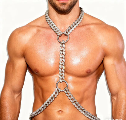 Chaîne de strass argentée de corps d’homme, harnais de chaîne de corps d’hommes, chaîne de poitrine, tenues de festival, tenues d’homme brûlant, costumes de carnaval, tenue de rave