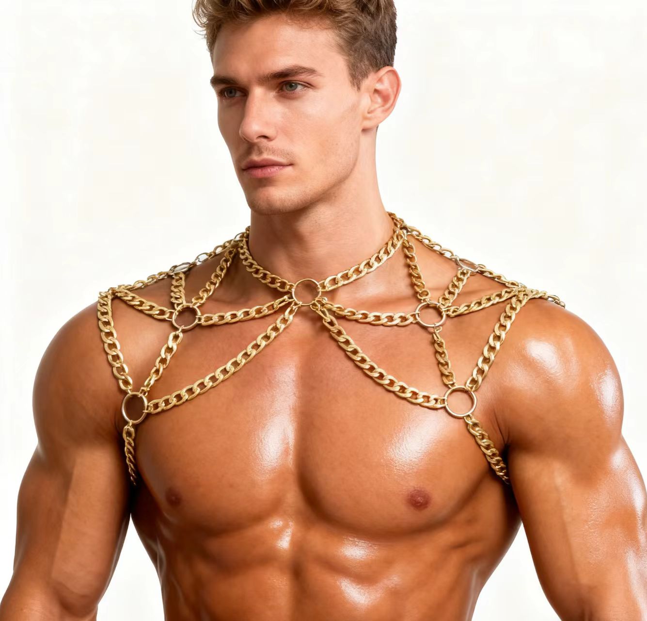 Rave Gold Men Body Shoulder Chain Harness, Burning Man Festival Body Chain Body Harness