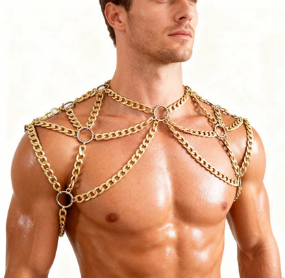 Rave Gold Men Body Shoulder Chain Harness, Burning Man Festival Body Chain Body Harness