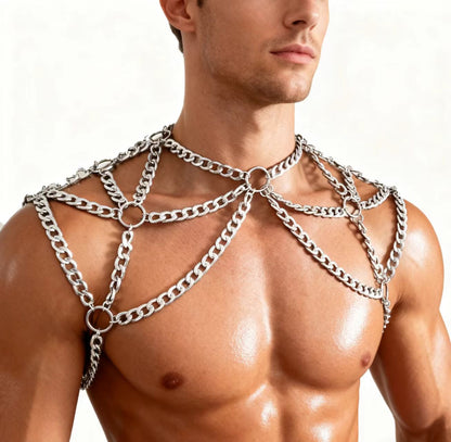 Rave Silver Men Body Chain Shoulder Chain Harness, Burning Man Festival Body Chain