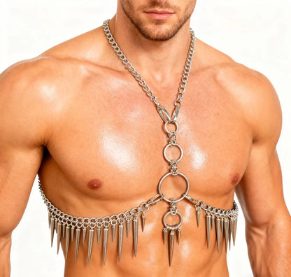 Harnais de chaîne de corps d'homme, harnais de chaîne en métal de frange de pointe, harnais de poitrine Punk