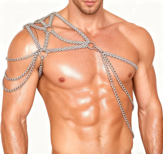 Harnais de chaîne de corps d'homme, harnais de chaîne en métal de frange de pointe, harnais de poitrine Punk