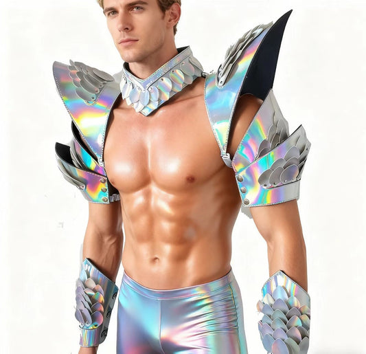 Burning Man Holographic Laser Silver Dragon Scale Armor,Rave Carnival Festival Costumes Armor Outfits