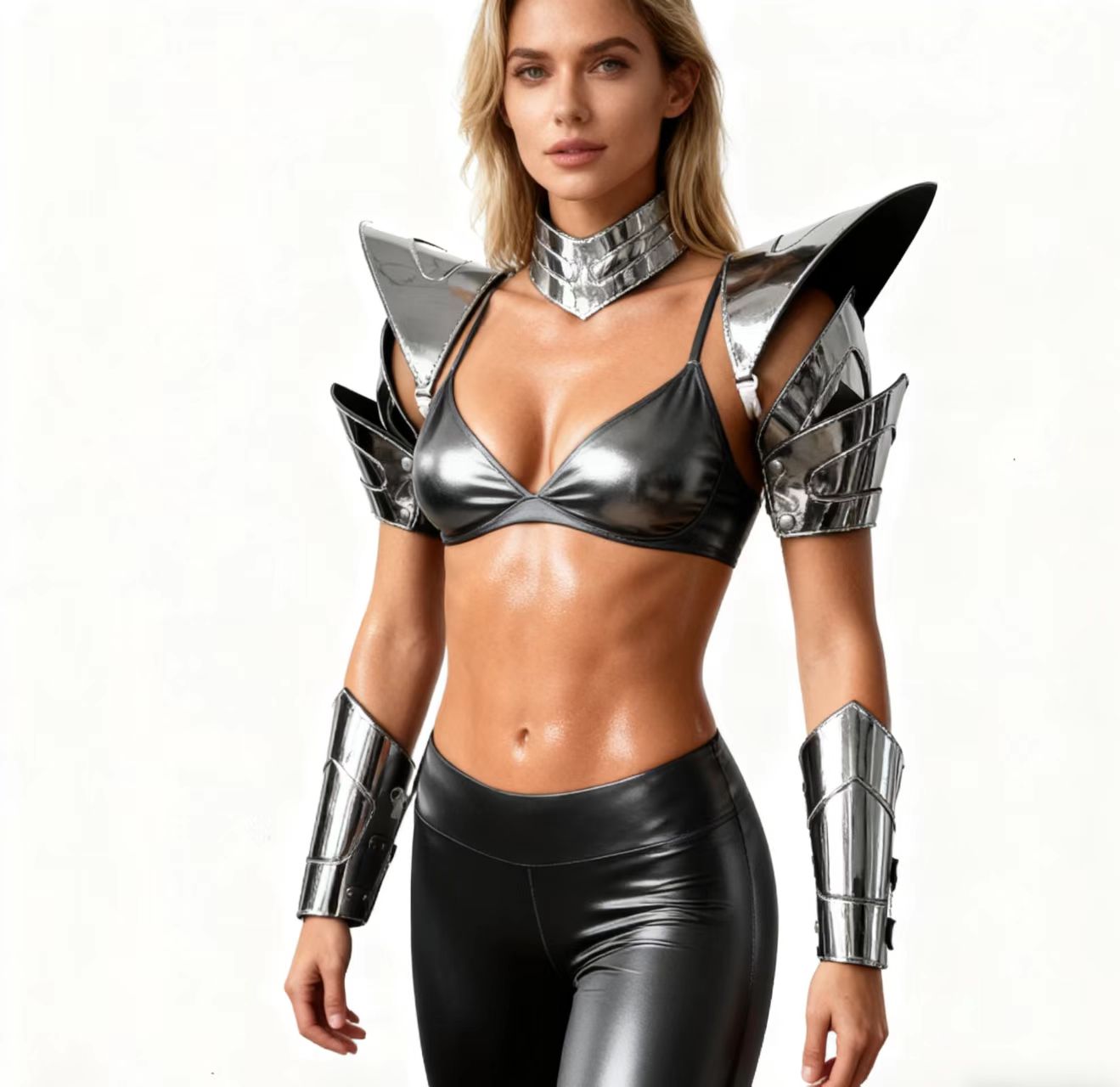 Burning Man holographische Frauen Silber Rüstung, Rave Schulterstück, Festival Halsband Cape, Schulterpolster Karneval Festival Kostüme Kleidung Outfits