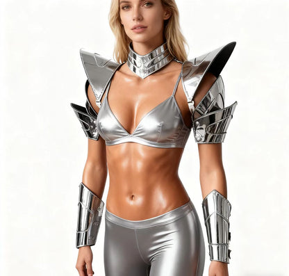 Burning Man holographische Frauen Silber Rüstung, Rave Schulterstück, Festival Halsband Cape, Schulterpolster Karneval Festival Kostüme Kleidung Outfits